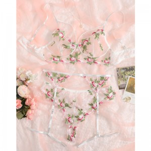 Mesh Floral Embroidery Harness Garter Lingerie Set