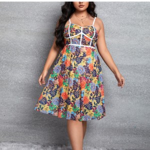 Tropical Print Cami Dress With White Bandage Detail