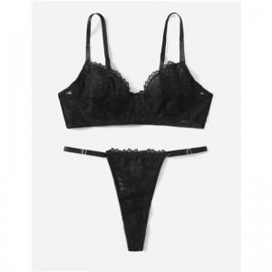 Black Frills Trim  Lace Lingerie Set With Sexy Lace Thong