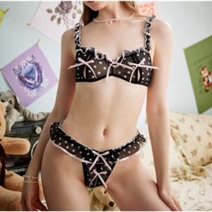 Cute Polka Dot Print Lace Trim Lingerie Set With Small Bow Front